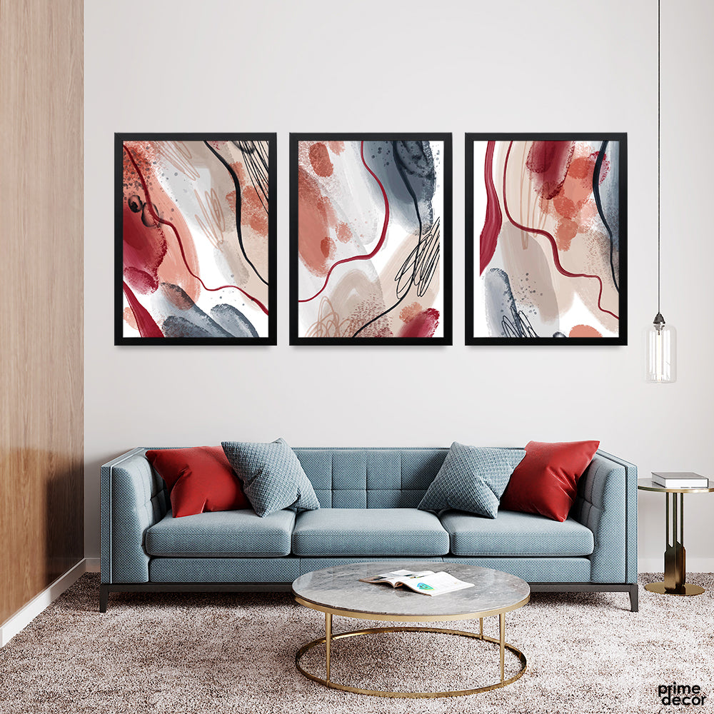 Abstract Red & Grey Paint Strokes Over White Background (3 Panel) Abstract Wall Art - Prime Décor