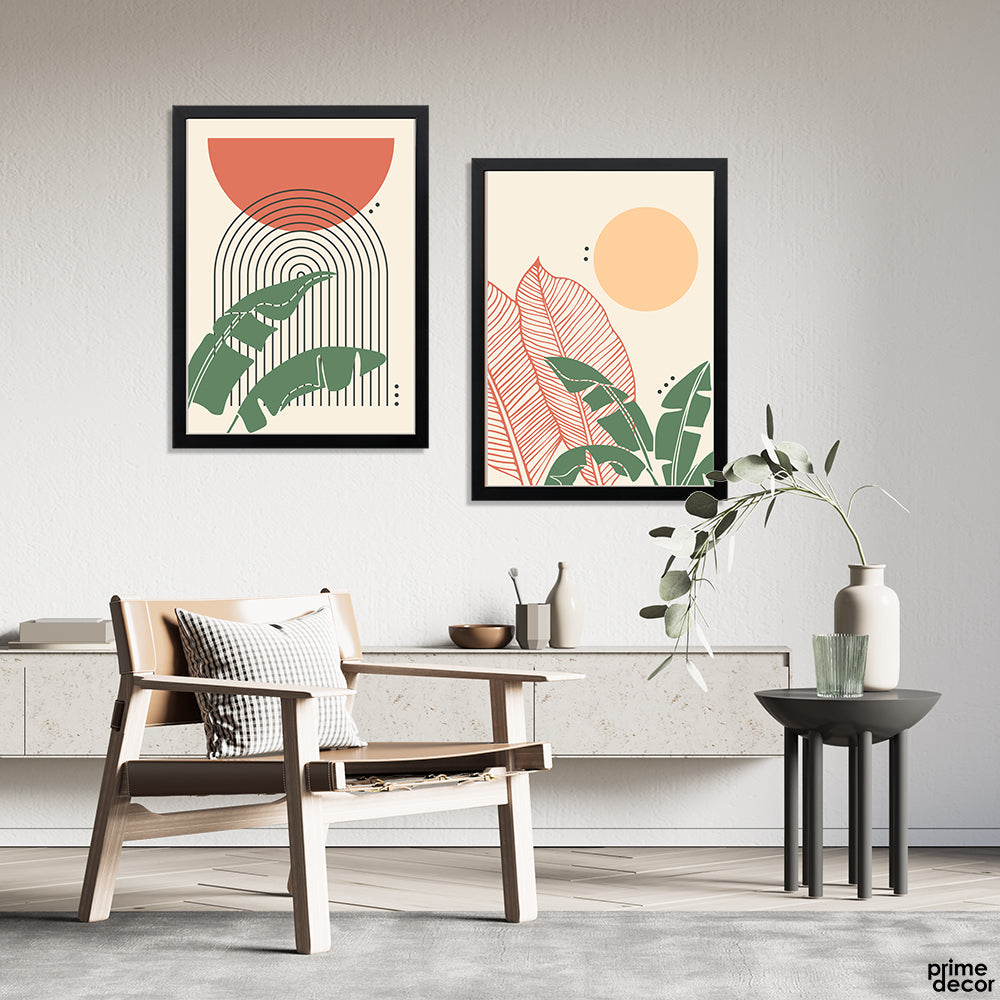 Merino & Green Leaves Line Art With Beige Background (2 Panel) Nordic Wall Art - Prime Décor