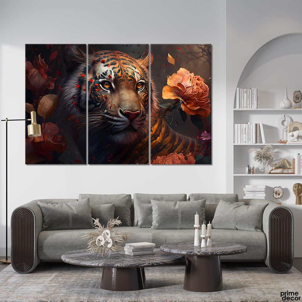 Gruesome Tiger With Rose Flower Buds (3 Panel) Animal Wall Art - Prime Décor