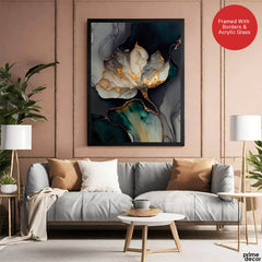 Beautiful White Abstract Floral Art Over Blue & Green Background | Abstract Floral Artwork #00450 - Prime Décor