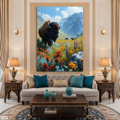 Majestic American Bison in Wildflower Meadow (Single Panel) Digital Painting Wall Art