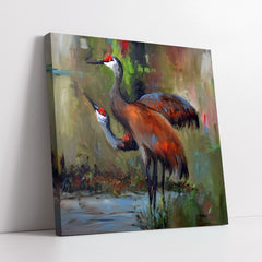 Abstract Sandhill Cranes in Wetlands Impasto Style (Single Panel) Digital Painting Wall Art