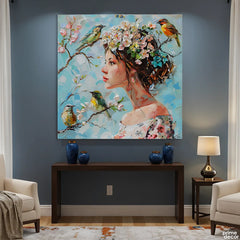 Whimsical Woman with Songbirds and Floral Crown (Single Panel) Digital Painting Wall Art