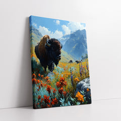 Majestic American Bison in Wildflower Meadow (Single Panel) Digital Painting Wall Art