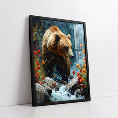 Majestic Grizzly Bear in Rushing River Impasto Style (Single Panel) Digital Painting Wall Art