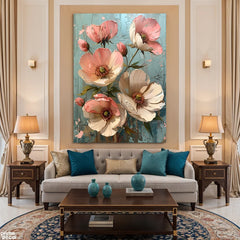 Abstract Peach Pink Poppies on Teal Impasto Style (Single Panel) Digital Painting Wall Art
