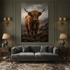 Majestic Highland Cow in Misty Moorlands Impasto Style (Single Panel) Digital Painting Wall Art
