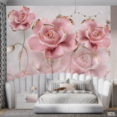 Abstract Beautiful Pink Flowers Over White Glass Background | Floral Wallpaper Mural