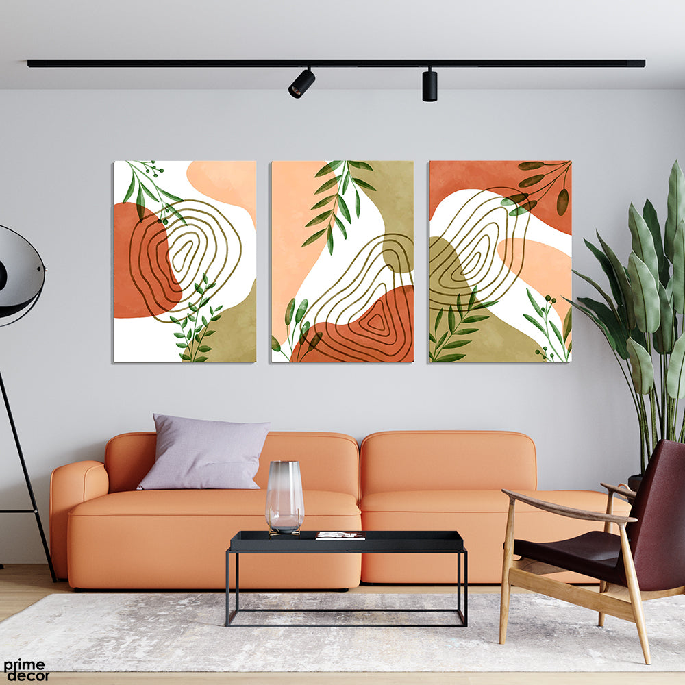 Khaki & Peachy Blobs With Leafy Branches Line Art (3 Panel) Floral Wall Art - Prime Décor