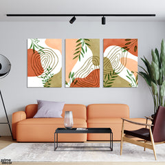 Khaki & Peachy Blobs With Leafy Branches Line Art (3 Panel) Floral Wall Art - Prime Décor