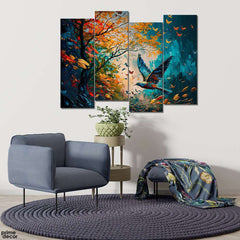 Bird & Butterflies Acrylics Brush Strokes Style (4 Panel) Digital Wall Art - Prime Décor