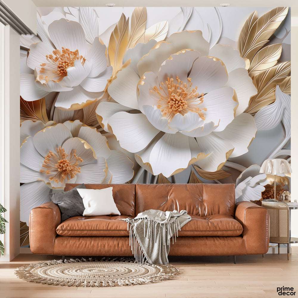 Beautiful White Flowers With Golden Leaves | Floral Wallpaper Mural