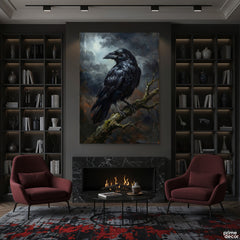 Moonlit Raven on Mossy Branch Impasto Style (Single Panel) Digital Painting Wall Art