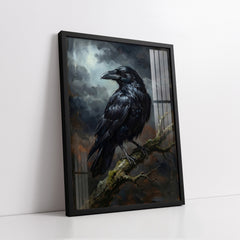 Moonlit Raven on Mossy Branch Impasto Style (Single Panel) Digital Painting Wall Art