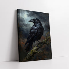 Moonlit Raven on Mossy Branch Impasto Style (Single Panel) Digital Painting Wall Art