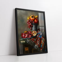 Rustic Pomegranate & Silver Vase Still Life Style (Single Panel) Digital Painting Wall Art