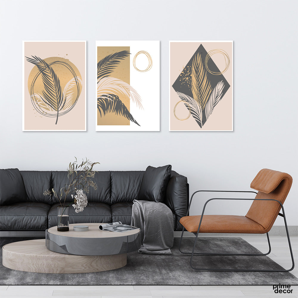 Palm Leaves Gold & Black Vibes (3 Panel) Floral Wall Art - Prime Décor