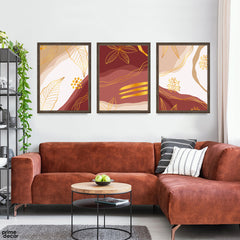 Abstract Red & Gold Floral Artwork Over Beige Background (3 Panel) Floral Wall Art - Prime Décor