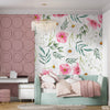 Pastel Pink & Dusty Teal Watercolor Flowers And Leaves | Floral Wallpaper Mural