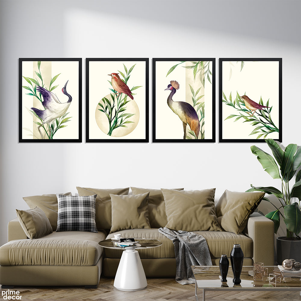 Exotic Birds On Leafy Branches With Ivory Background (4 Panel) Nordic Wall Art On Sale - Prime Décor