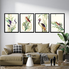 Exotic Birds On Leafy Branches With Ivory Background (4 Panel) Nordic Wall Art On Sale - Prime Décor