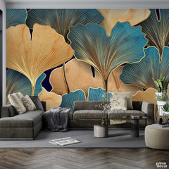 Beautiful Floral Artwork With Blue & Golden Lines | Floral Wallpaper Mural