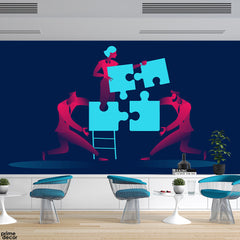 Team Work Illustration Over Blue Background | Office Wallpaper Mural