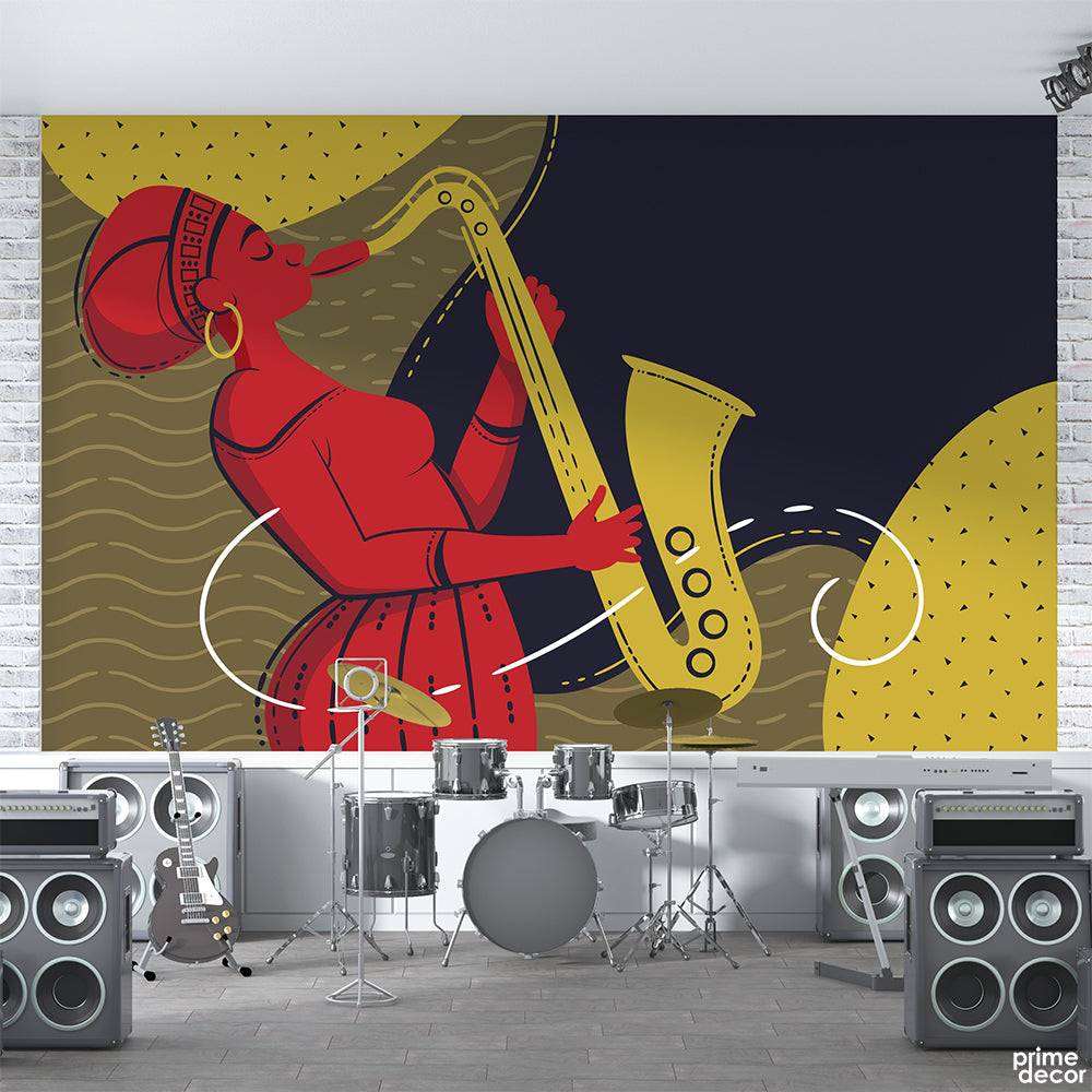 African Woman Blowing Trumpet Illustration | Musical Wallpaper Mural - Prime Décor