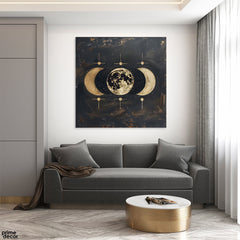 Abstract Black & Gold Moon Artwork Over Black Background (Single Panel) Fashion Wall Art