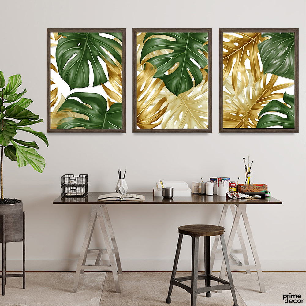 Abstract Green & Gold Tropical Leaves (3 Panel) Floral Wall Art - Prime Décor