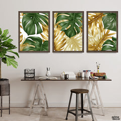Abstract Green & Gold Tropical Leaves (3 Panel) Floral Wall Art - Prime Décor