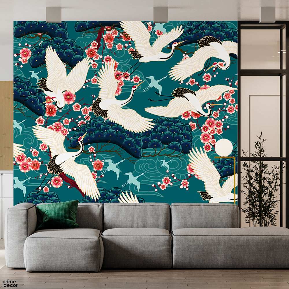 Beautiful White Flying Birds Over Green Background | Floral Wallpaper Mural