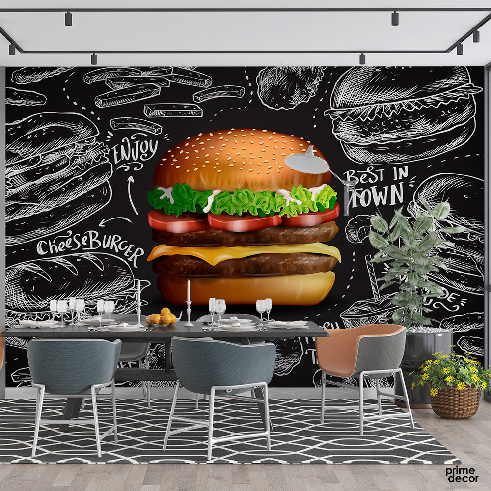 Realistic Burger Chalkboard Background | Wallpaper Mural - Prime Décor