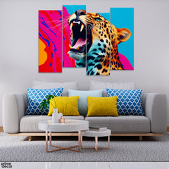 Abstract Roaring Leopard Over Colorful Background (4 Panel) Animal Wall Art - Prime Décor