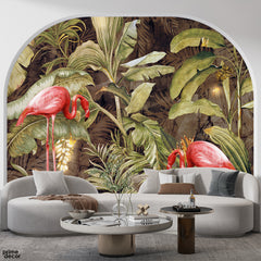 Beautiful Birds With Brown & Green Exotic Leaves | Floral Wallpaper Mural