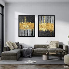 Gold, Charcoal & Silver Heavily Textured (2 Panel) Abstract Wall Art