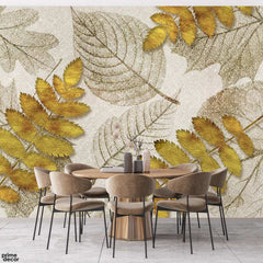 Beautiful Autumn Style Golden Leaves Over White Background | Floral Wallpaper Mural