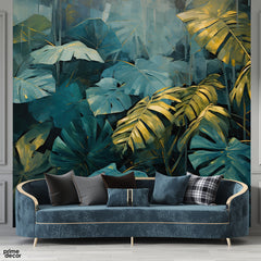 Abstract Exotic Green & Gold Leaves Artwork | Floral Wallpaper Mural