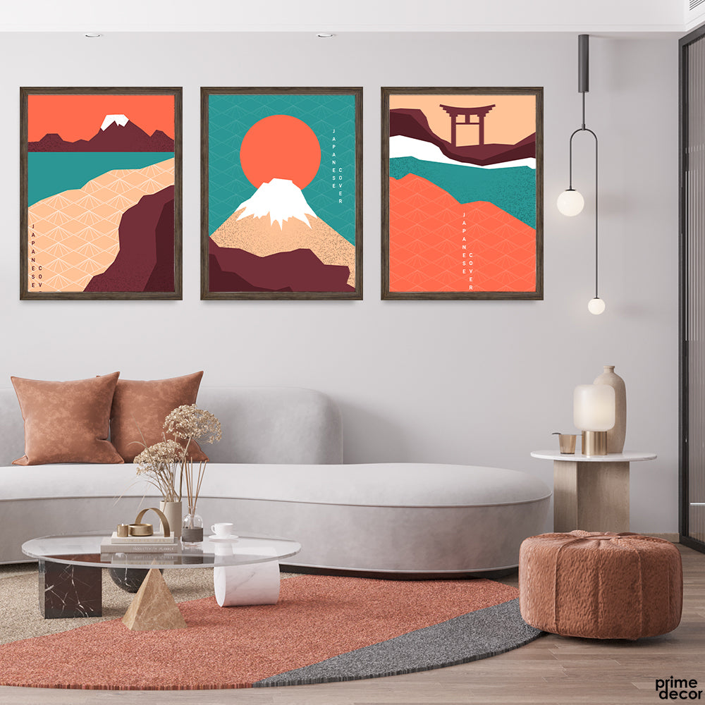 Orange & Green Moon With Mountains Illustration (3 Panel) Nature Wall Art - Prime Décor