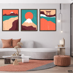 Orange & Green Moon With Mountains Illustration (3 Panel) Nature Wall Art - Prime Décor