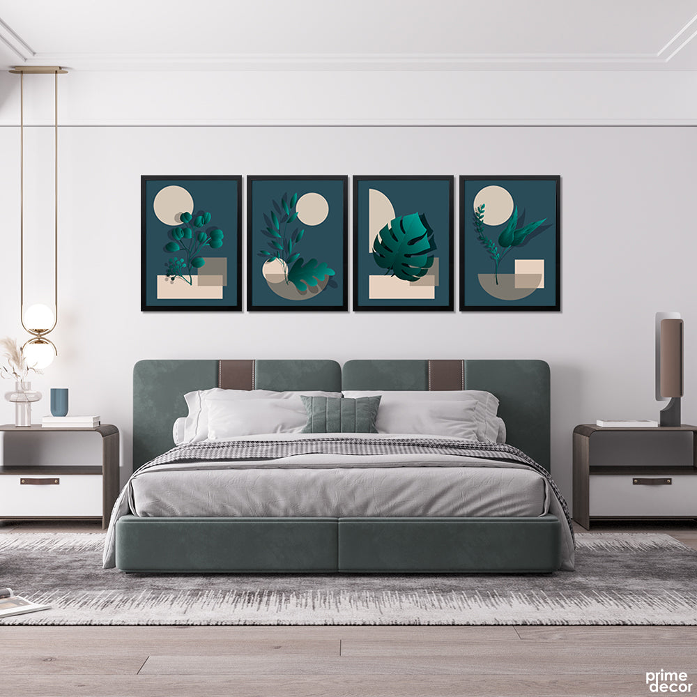 Dark Cyan Tropical Leaves With Beige Geometric Shapes (4 Panel) Nordic Wall Art - Prime Décor