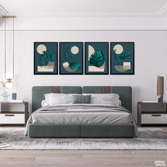 Dark Cyan Tropical Leaves With Beige Geometric Shapes (4 Panel) Nordic Wall Art - Prime Décor