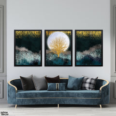 Enchanted Midnight Forest with Gilded Moon (3 Panel) Abstract Wall Art