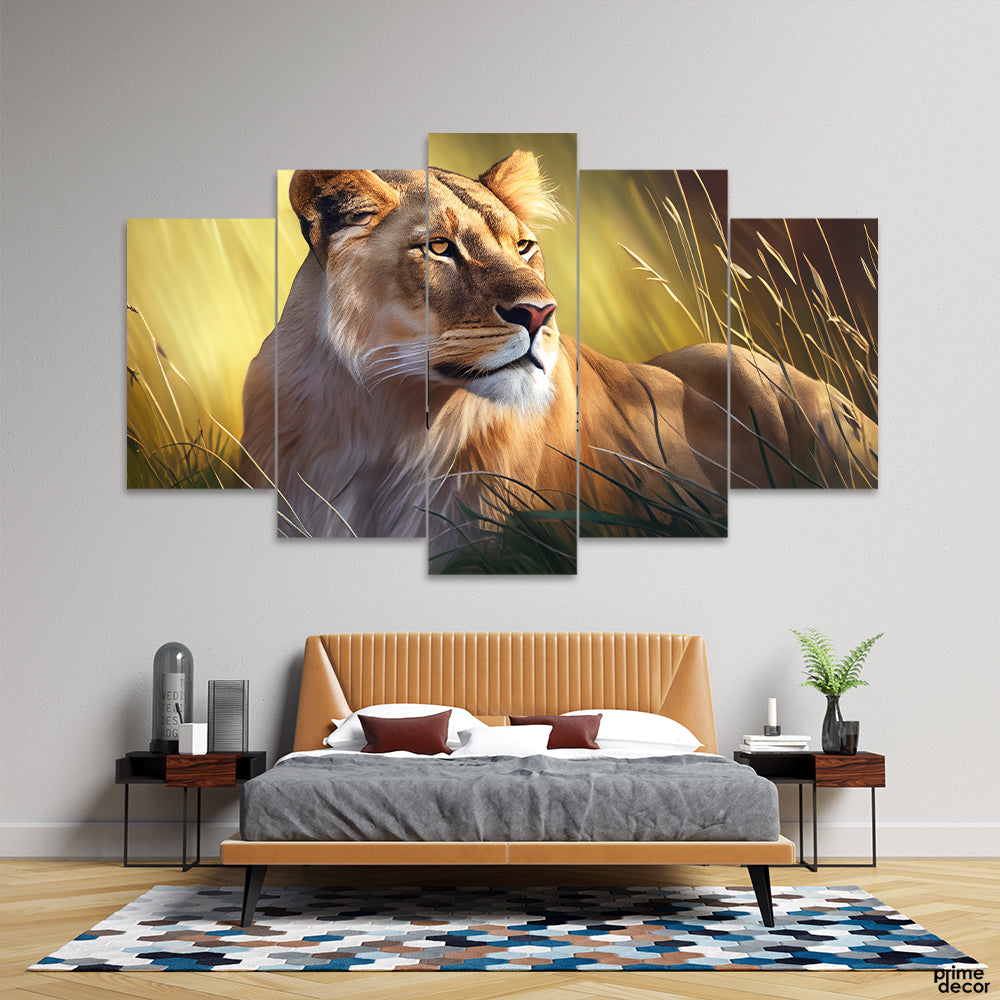 Beautiful Lioness In The Forest (5 Panel) Animal Wall Art - Prime Décor