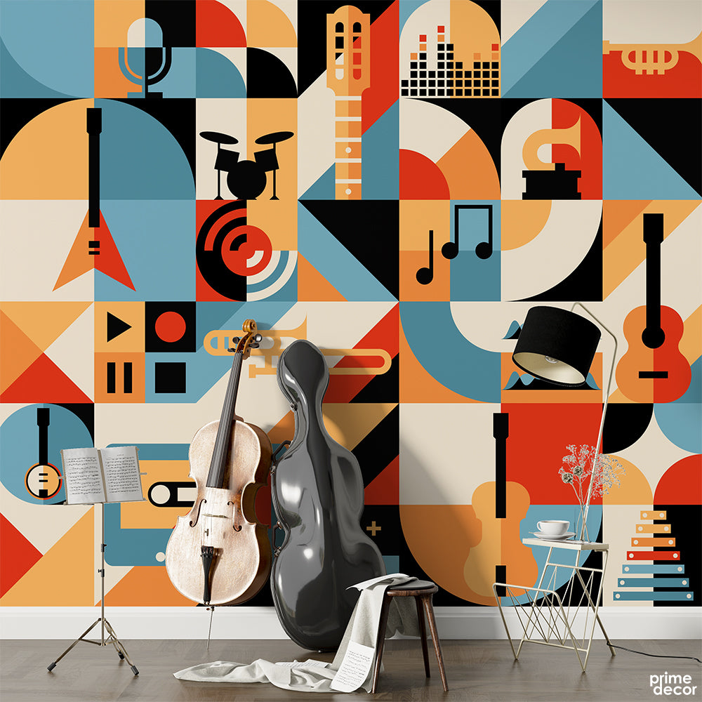 Mosaic Style Musical Instruments | Musical Wallpaper Mural - Prime Décor