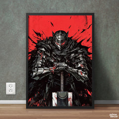 Guts Holding Sword In Red Background Berserk Series | Anime Wall Art - Prime Décor