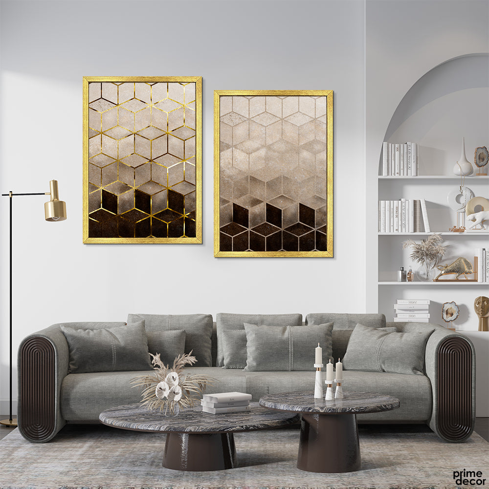 Graphite Brown & Gold Geometric Cubes (2 Panel) Abstract Wall Art - Prime Décor