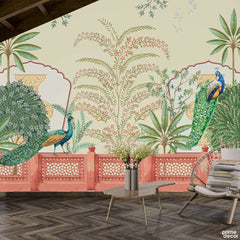 Aesthetic Cultural Floral Artwork With Peacocks | Floral Wallpaper Mural