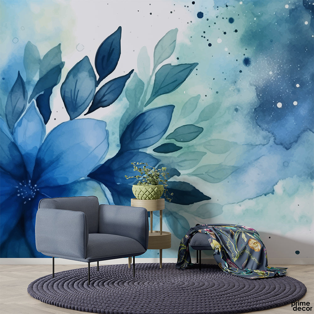 Celestial Blue Watercolor Style Flower & Leaves | Floral Wallpaper Mural - Prime Décor