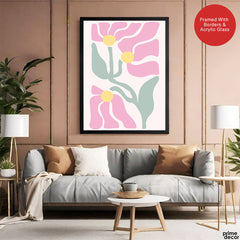 Beautiful Pink Flowers With Green Exotic Leaves | Abstract Floral Artwork #00540